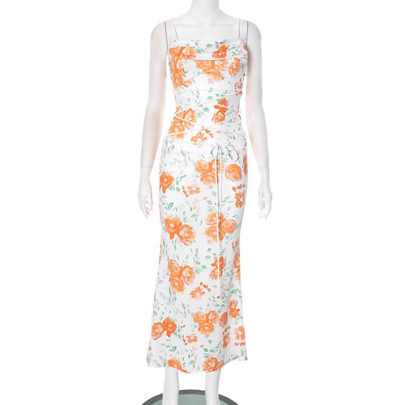 Self tie flower print backless spaghetti strap maxi dress