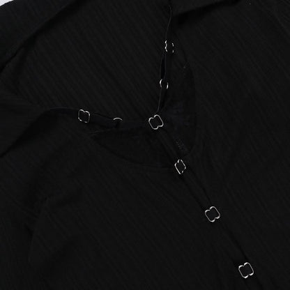 Turnover collar long sleeve fluffy button knitted top