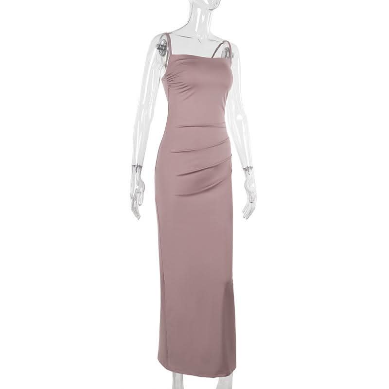 Ruched slit square neck solid cami maxi dress