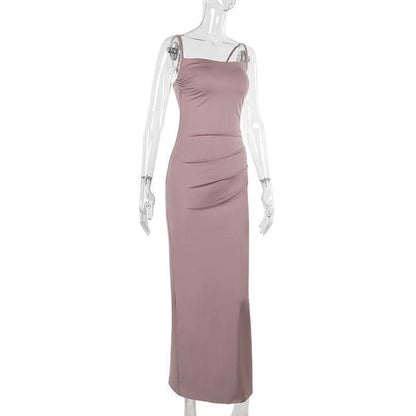 Ruched slit square neck solid cami maxi dress