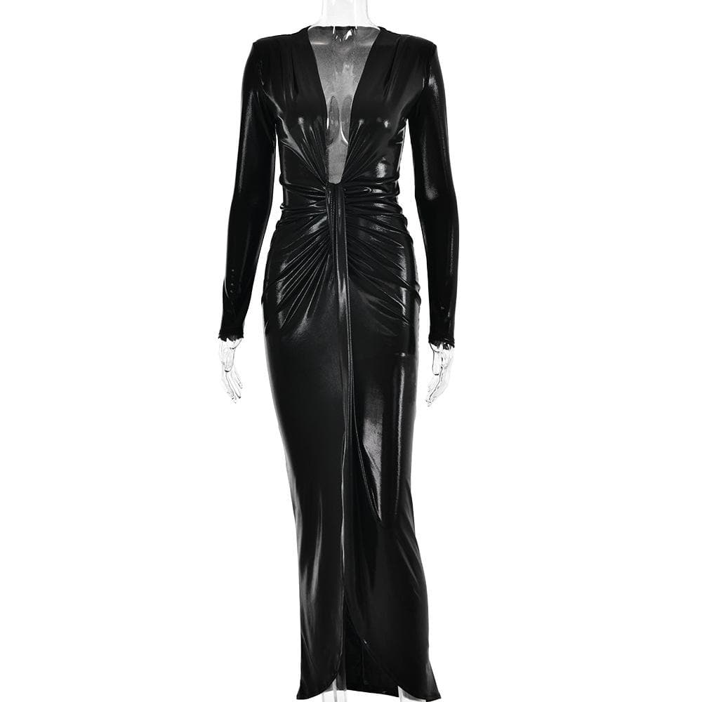 Ruched Metallic Long Sleeve V Neck Knotted Front Maxi Dress