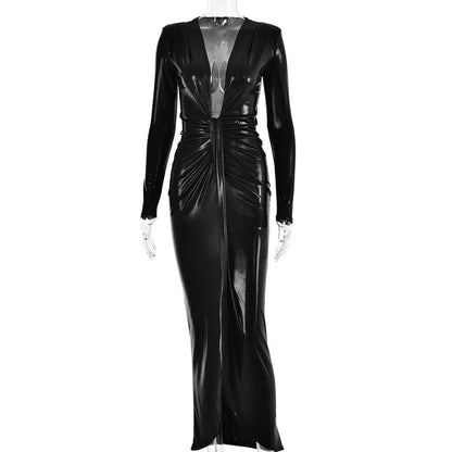 Ruched Metallic Long Sleeve V Neck Knotted Front Maxi Dress