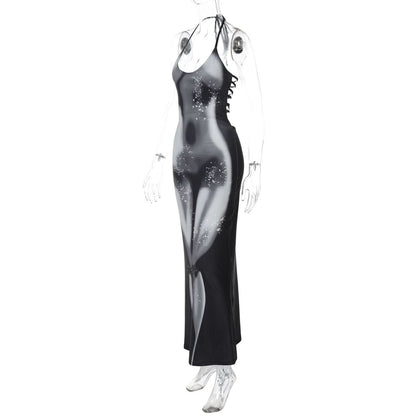 Halter self tie u neck body print o ring maxi dress