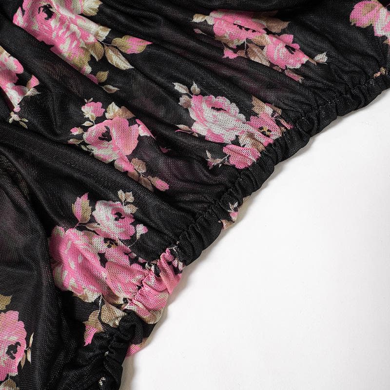 Long flared sleeve cowl neck ruffle flower print sheer mesh mini dress