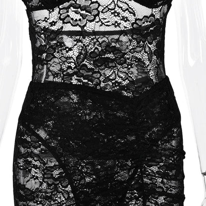 Off shoulder lace backless see through maxi skirt set