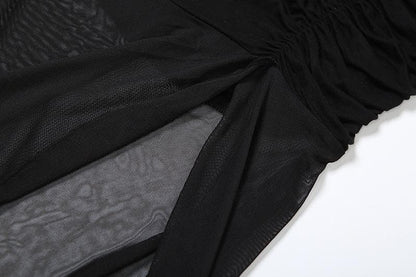 Mesh ruffle ruched slit solid maxi skirt