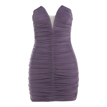 V neck ruched solid mesh tube mini dress