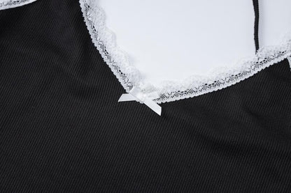 Bowknot lace hem v neck contrast cami top