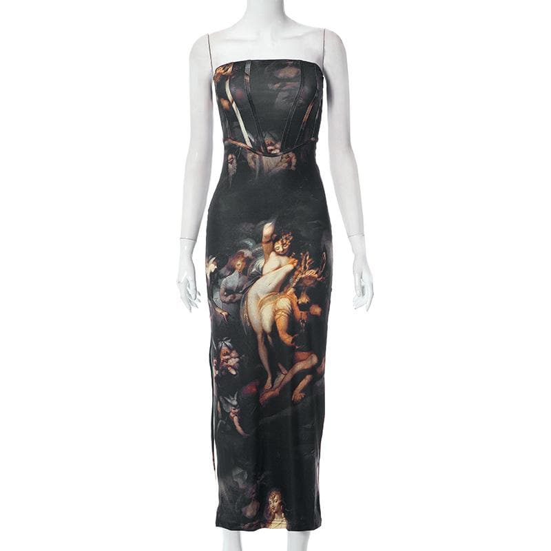 Renaissance Art Print Strapless Corset High Slit Maxi Dress