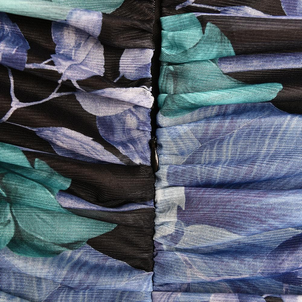 Ruched flower print zip-up square neck contrast slit maxi dress