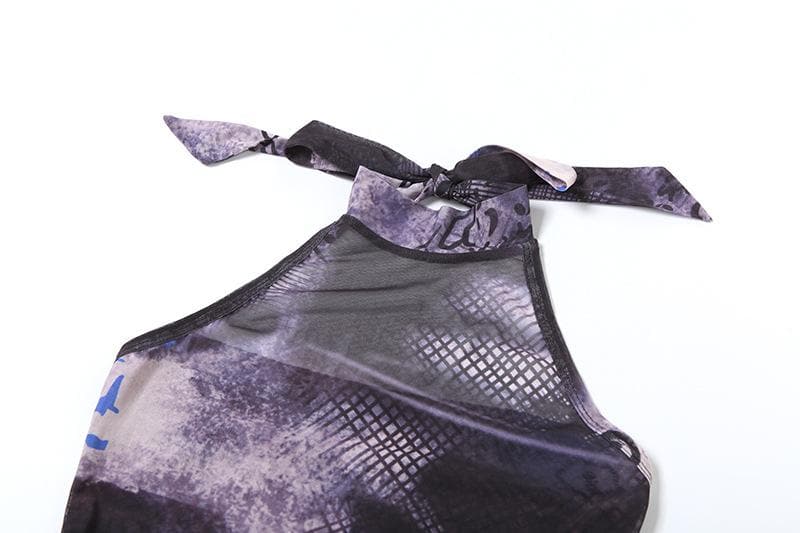 Halter ruffle print mesh irregular top