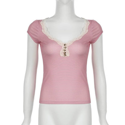 Short sleeve lace hem striped print button top