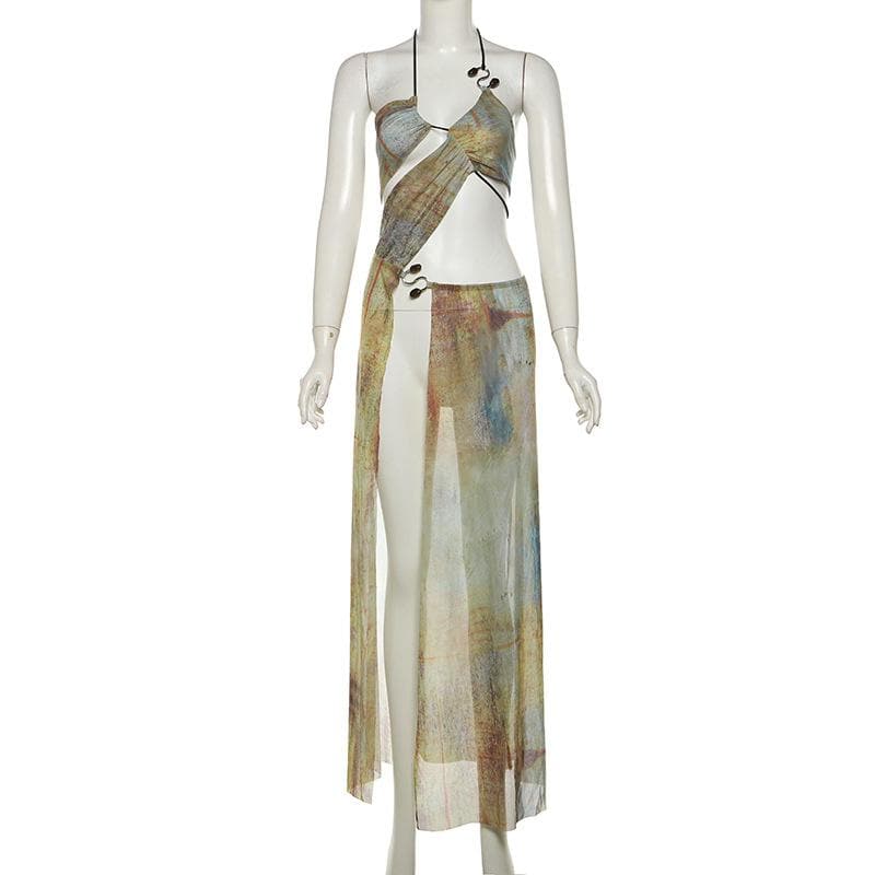 Halter drawstring tie dye irregular sheer mesh maxi dress