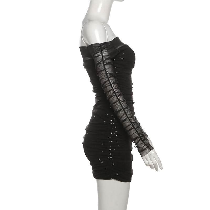 Off shoulder glitter long sleeve mesh ruched mini dress