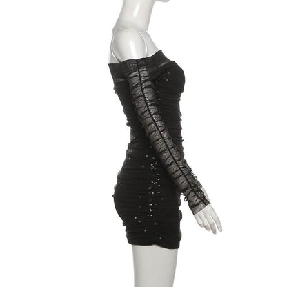 Off shoulder glitter long sleeve mesh ruched mini dress