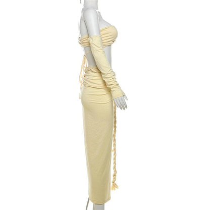 Gloves one shoulder high slit self tie maxi skirt set-final-sale