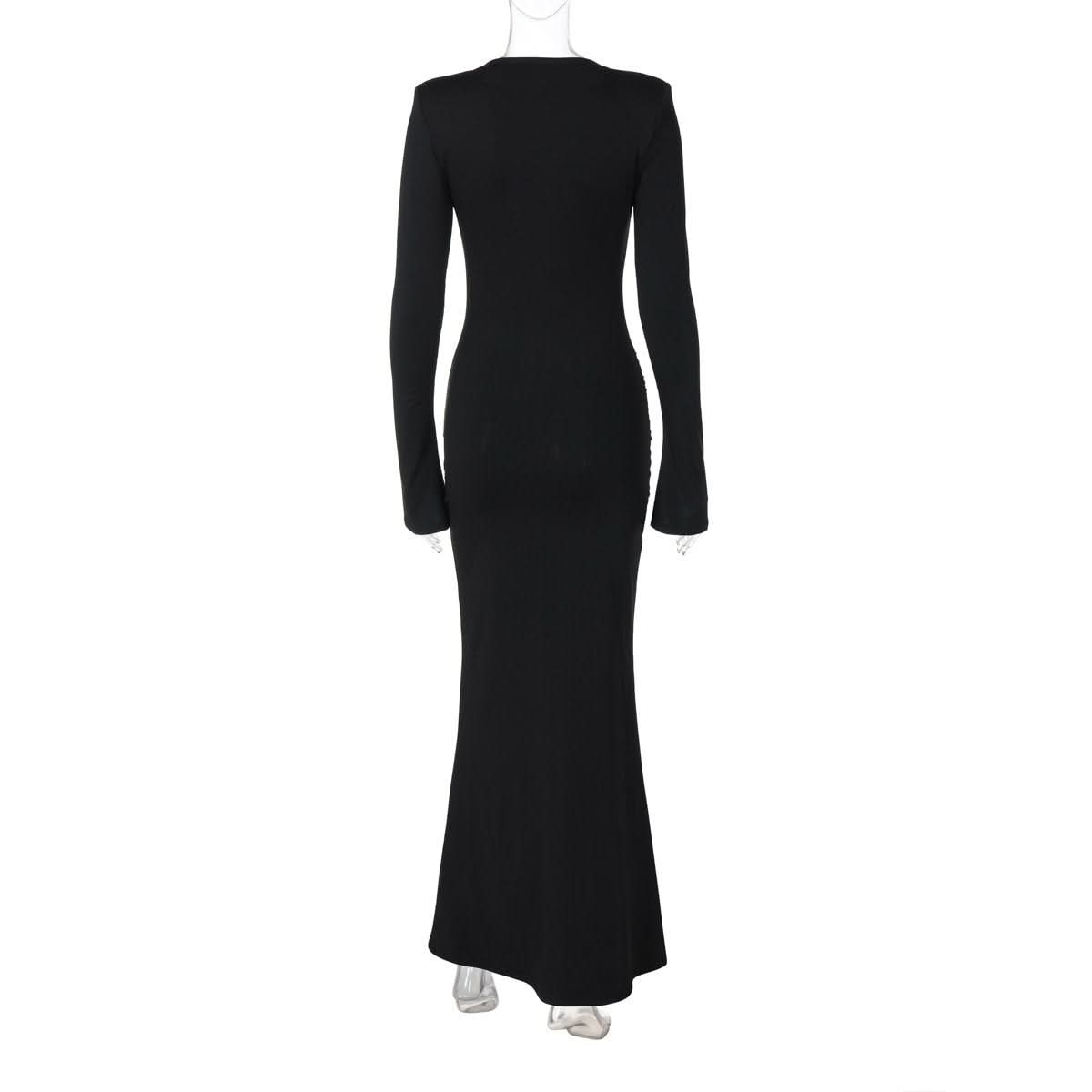 Long sleeve crewneck padded metal applique maxi dress