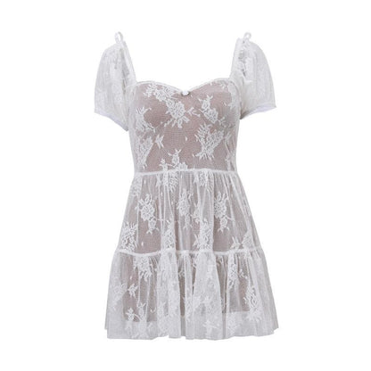Short puff sleeve bowknot lace ruffle mini dress