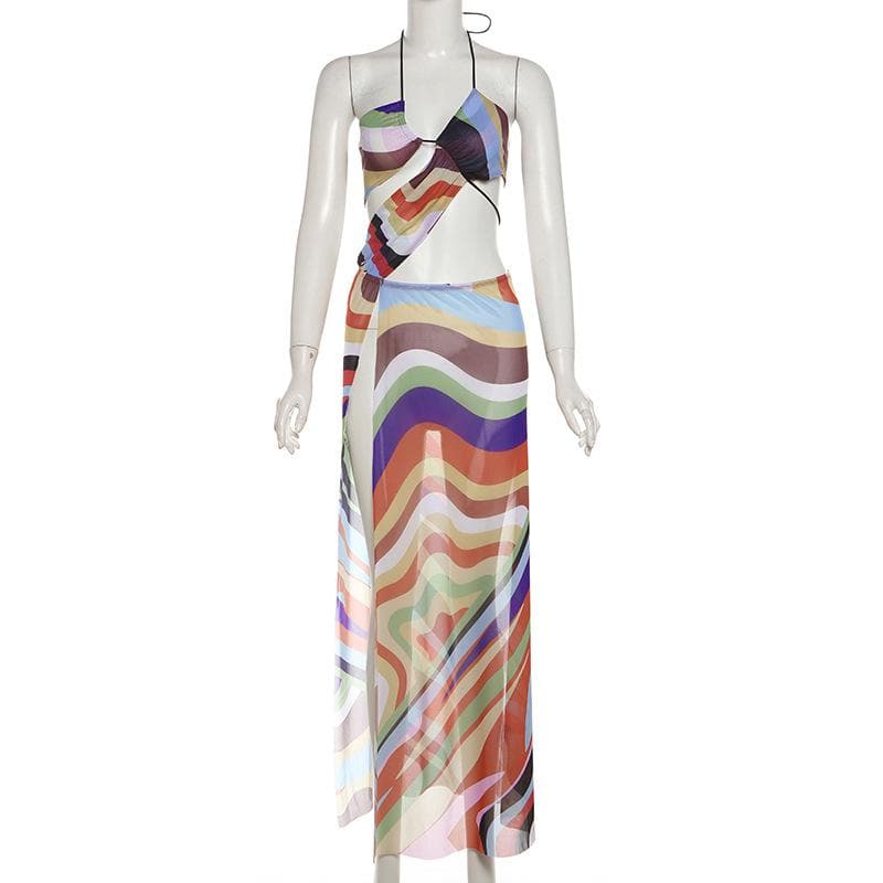 Halter print contrast high slit sheer mesh maxi dress