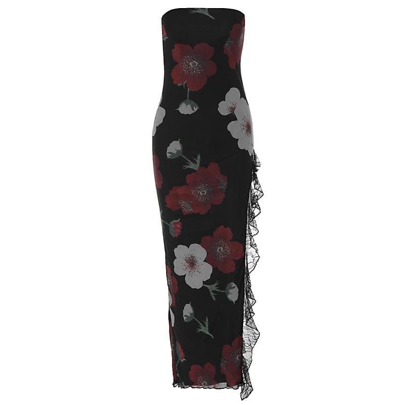 Floral Print Strapless Tube Neck Lace Trim Thigh Slit Maxi Dress
