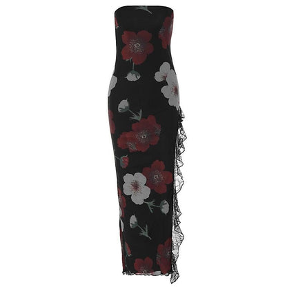 Floral Print Strapless Tube Neck Lace Trim Thigh Slit Maxi Dress