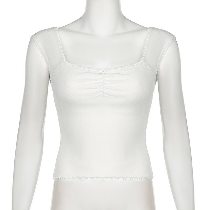 Cap sleeve ribbed bowknot textured lace hem top