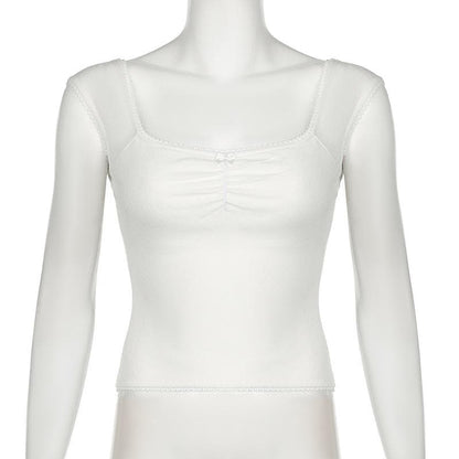 Cap sleeve ribbed bowknot textured lace hem top