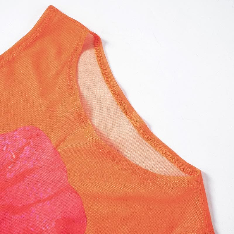 Sleeveless crewneck flower print sheer mesh maxi dress