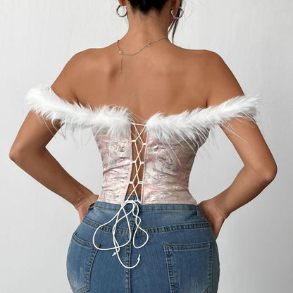 Off shoulder fluffy print corset bowknot top