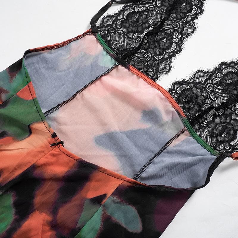 V neck lace hem backless print cami maxi dress