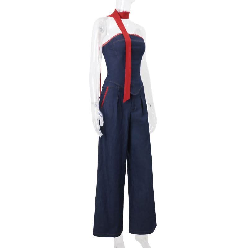 Button pocket lace hem ruched wide leg jeans