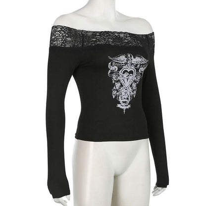 Off shoulder long sleeve lace hem abstract top