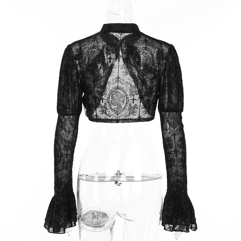 Long flared puff sleeve button shrug top