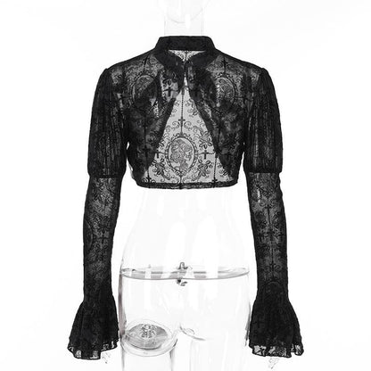 Long flared puff sleeve button shrug top