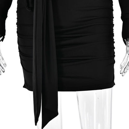 Long sleeve bowknot ruched knotted mini dress