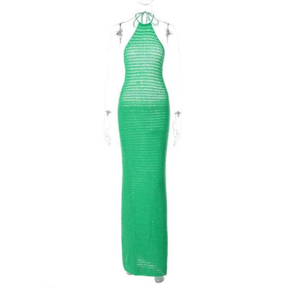 Crochet solid halter backless self tie maxi dress-final-sale