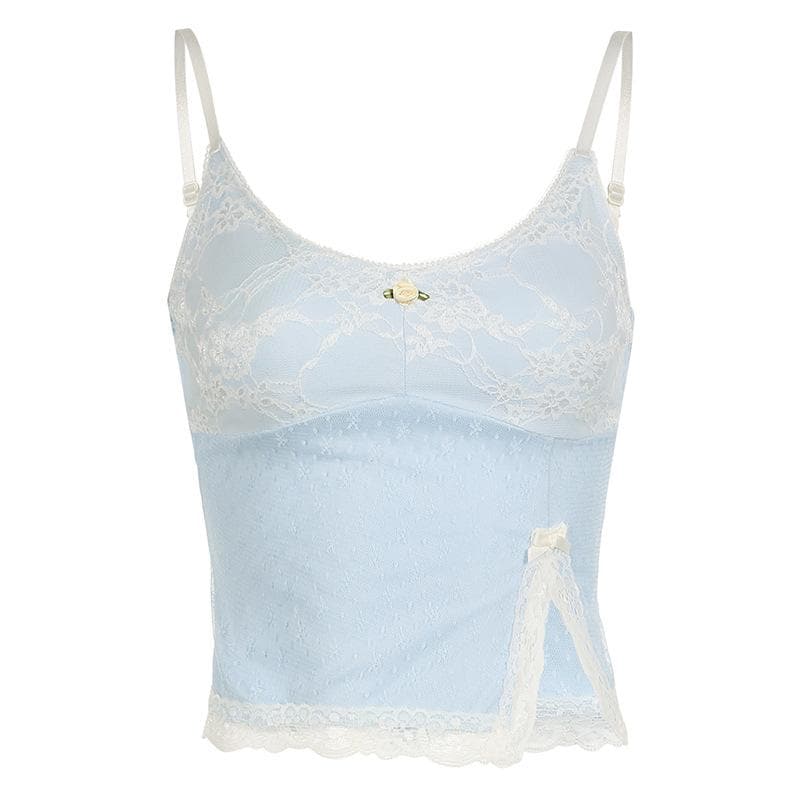Lace slit flower applique bowknot cami top