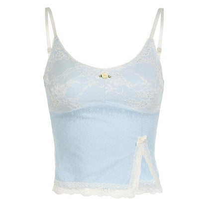 Lace slit flower applique bowknot cami top