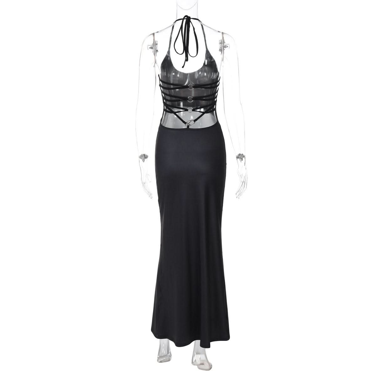 Halter self tie u neck body print o ring maxi dress