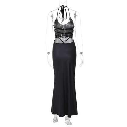 Halter self tie u neck body print o ring maxi dress