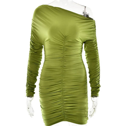 Off shoulder long sleeve ruched mini dress