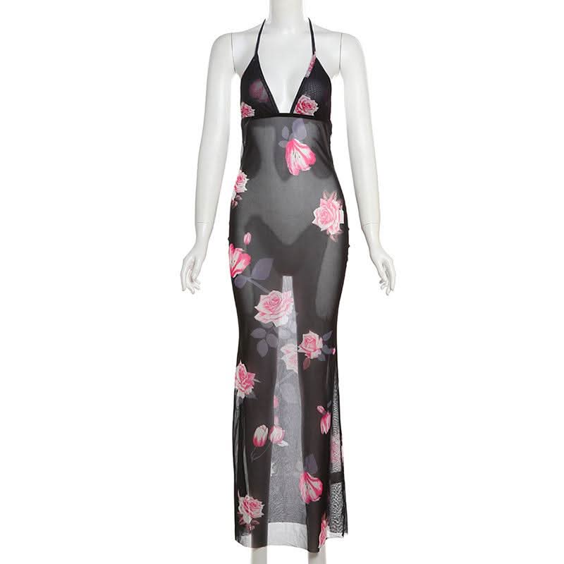 Halter v neck flower print see through maxi dress