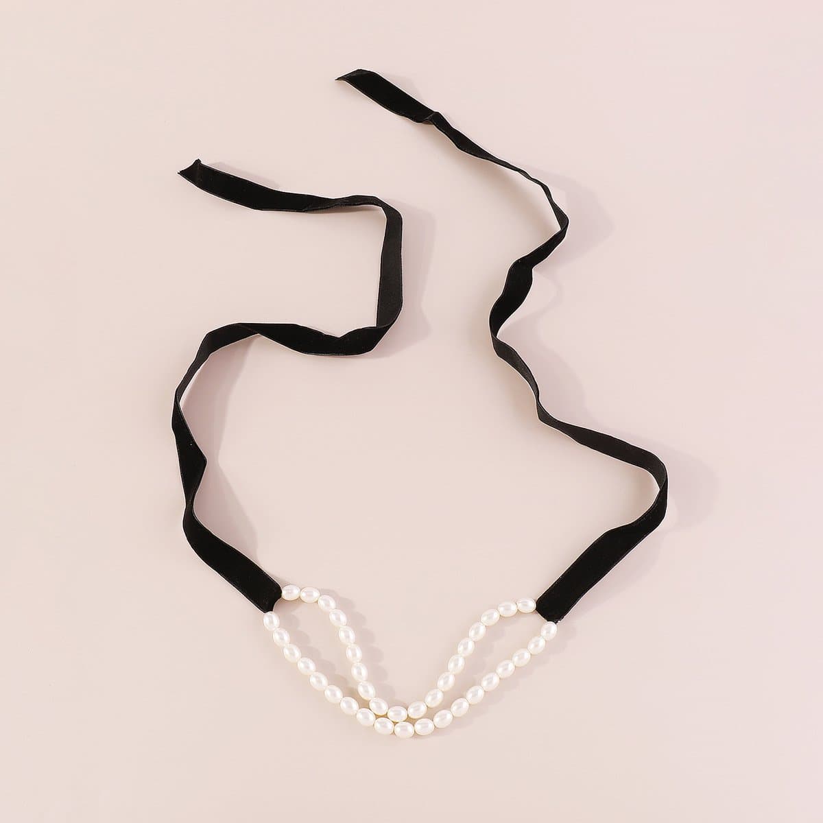 Faux pearl ribbon velvet layered choker necklace
