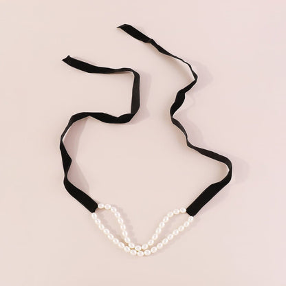 Faux pearl ribbon velvet layered choker necklace