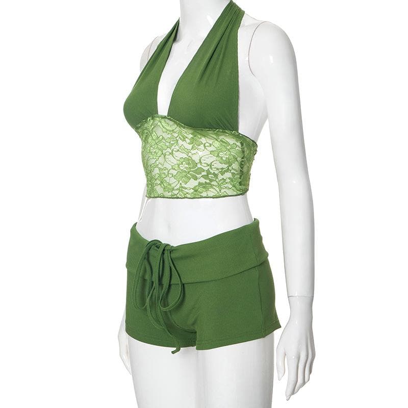 Halter lace hem drawstring ribbed crop pant set