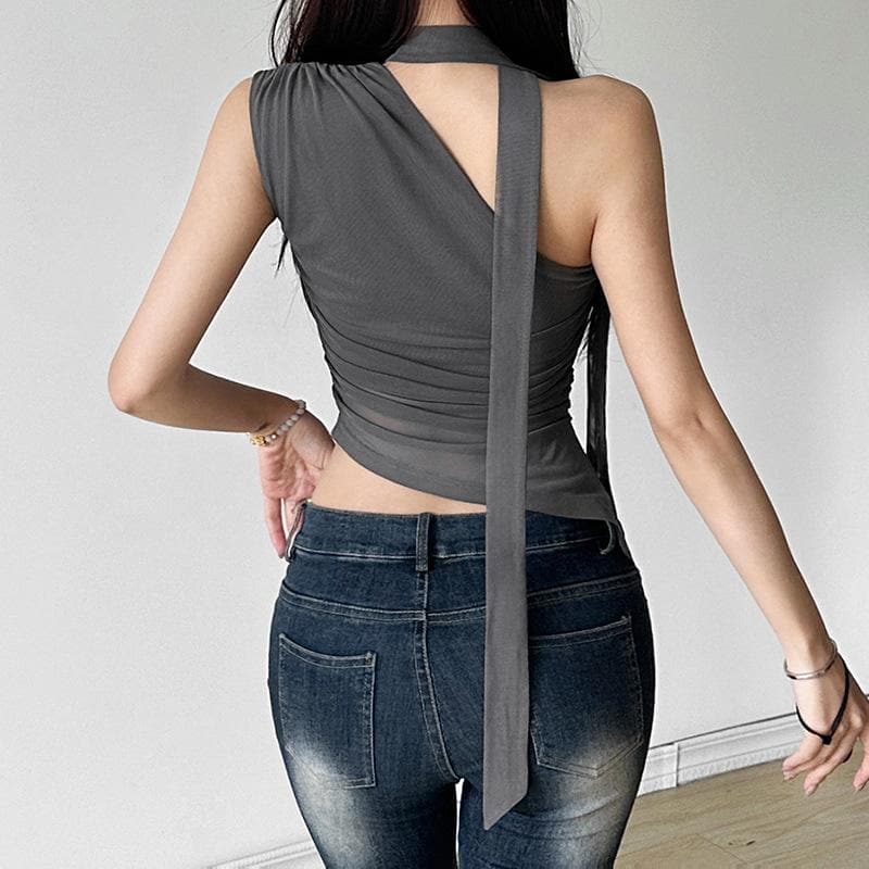One shoulder mesh ruched slit irregular top