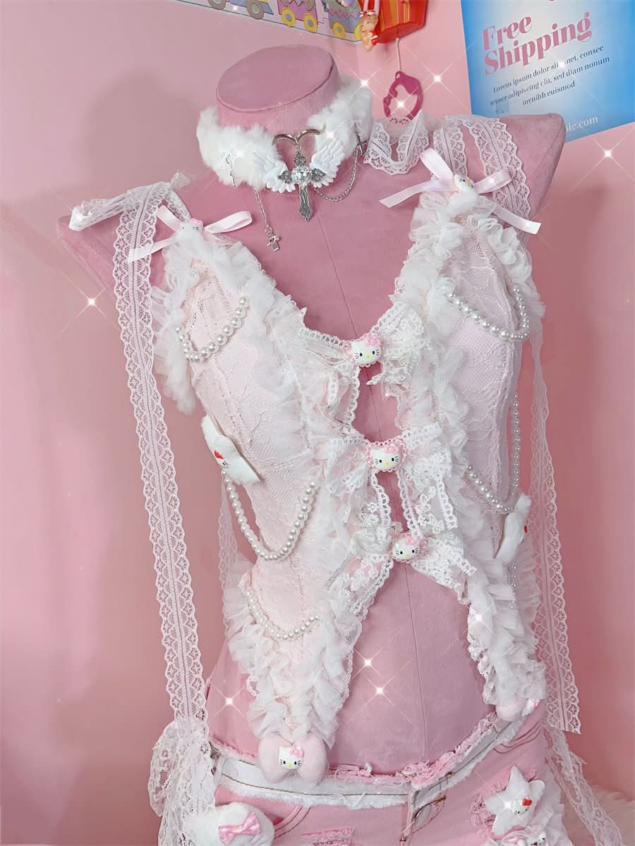 V neck bowknot lace hem "Hello Kitty" pattern cami top