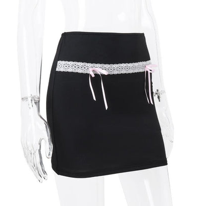 Bowknot lace hem ribbon A line contrast mini skirt