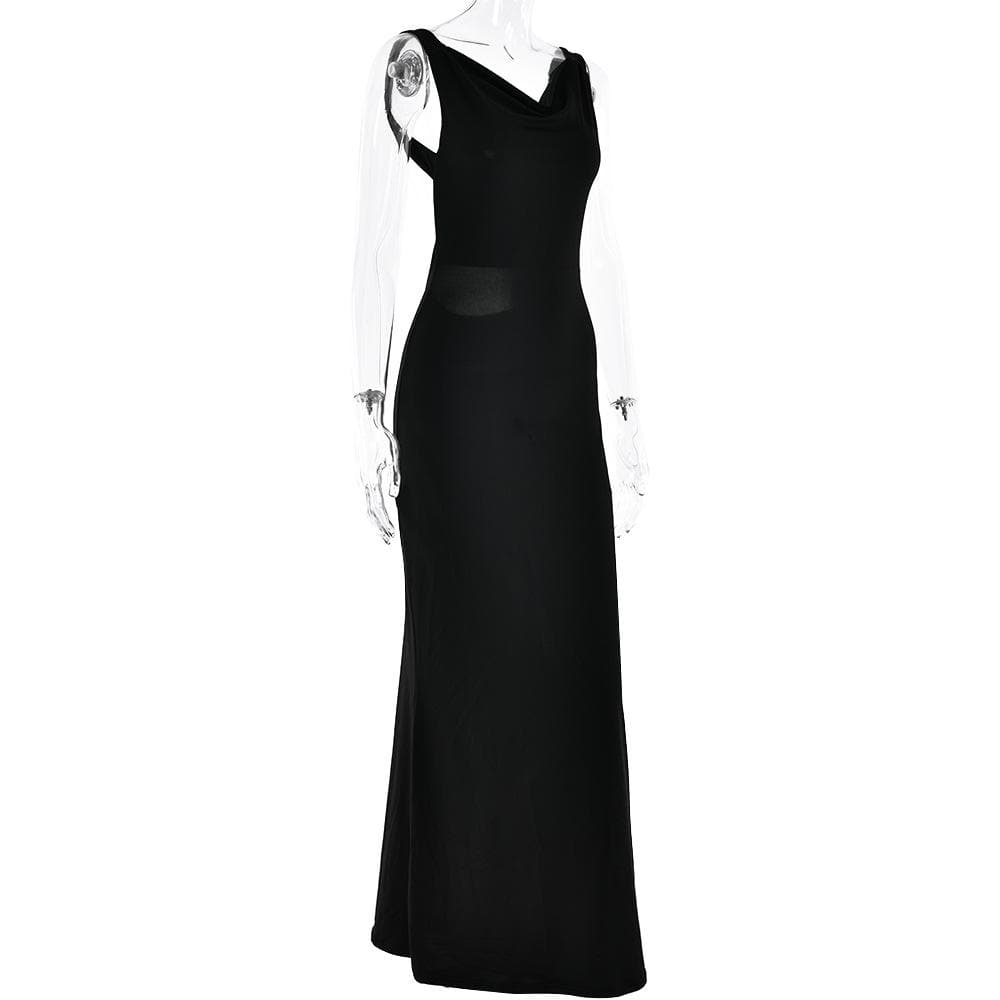 Cowl neck solid backless ruched hollow out cut out maxi dress