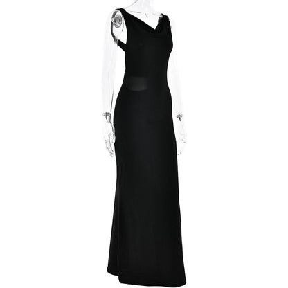 Cowl neck solid backless ruched hollow out cut out maxi dress